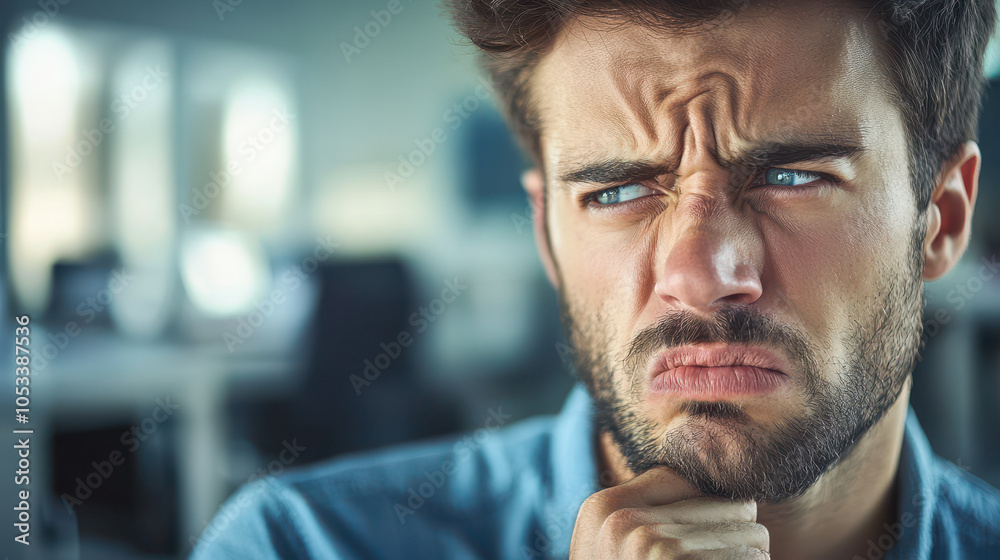 Naklejka premium Pensive young man with a furrowed brow showcasing a thoughtful expression in a blurred office background