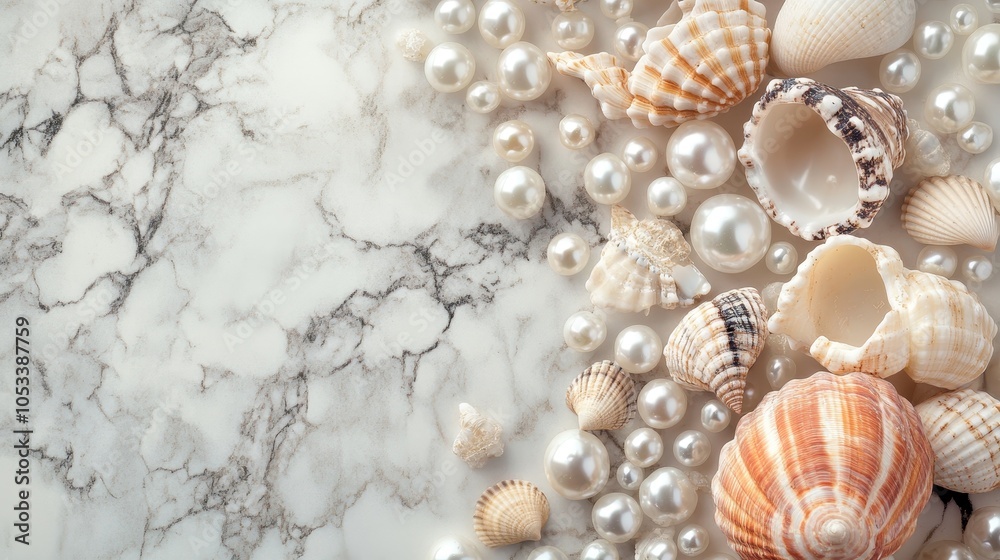 A collection of seashells and pearls arranged on a marble surface, evoking a coastal aesthetic. A collection of seashells and pearls arranged on a marble surface, evoking a coastal aesthetic.