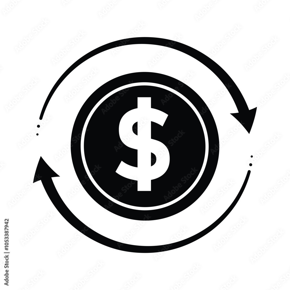 coin icon. money back with dollar symbol, A dollar coin is surrounded by two arrows forming a circle, indicating continuous movement. simple design style. vector template design coin icon. money back with dollar symbol, A dollar coin is surrounded by two arrows forming a circle, indicating continuous movement. simple design style. vector template design