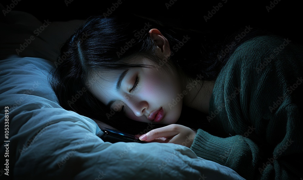 Tired Korean young woman sleeping on phone