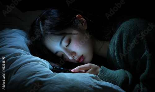 Obraz na płótnie Tired Korean young woman sleeping on phone w salonie