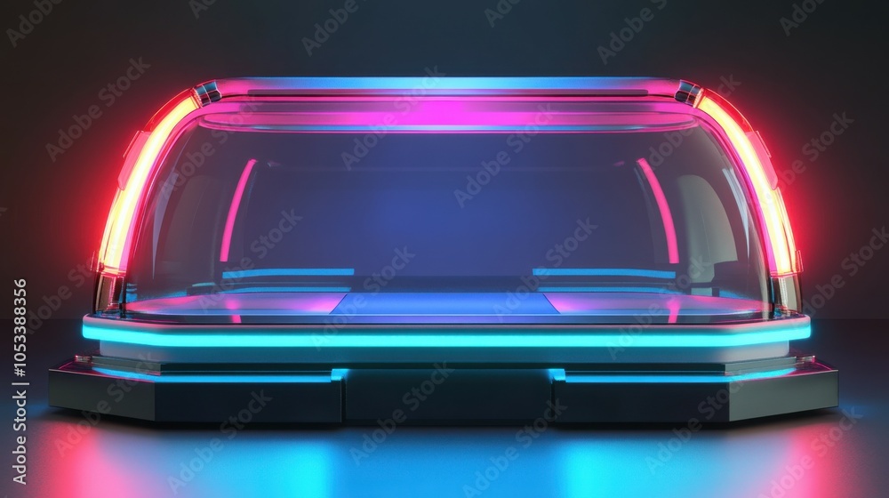 Naklejka premium Glass podium with a futuristic design, highlighted by neon accents.
