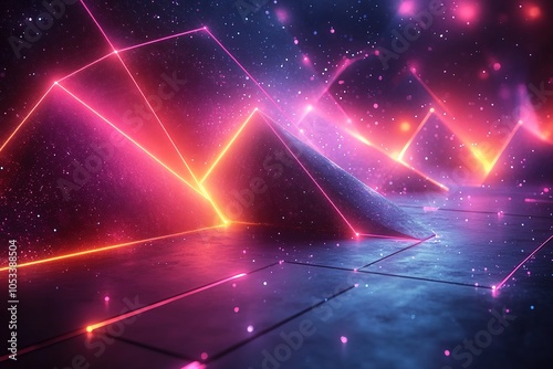 Abstract geometric background with neon glowing lines and particles.