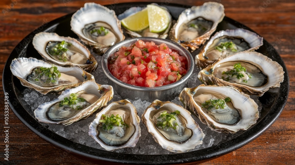 A platter of fresh oysters served with lime and a salsa-like topping on ice. A platter of fresh oysters served with lime and a salsa-like topping on ice.