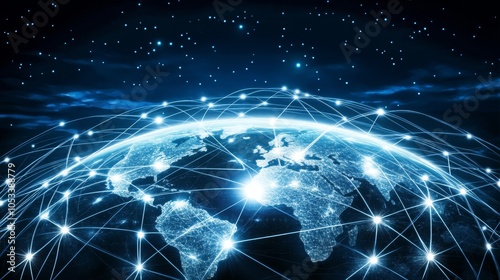 A digital representation of Earth connected by networks, symbolizing global communication and technology.
