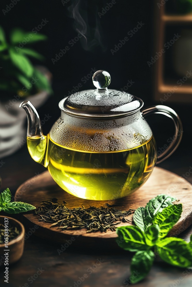 A teapot with a lid on a wooden table with a green plant next to it A teapot with a lid on a wooden table with a green plant next to it