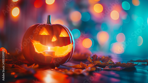 Halloween pumpkin with candlelight and bokeh background.