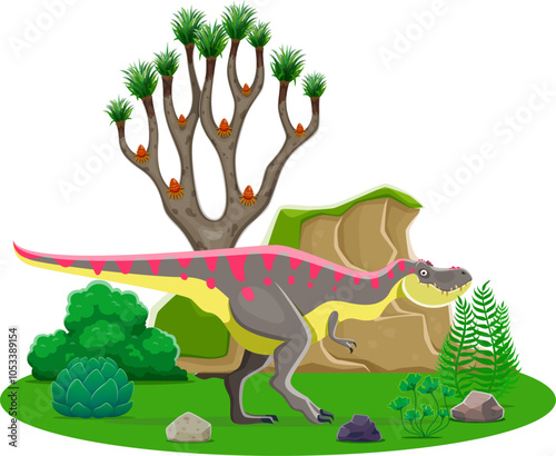 Tarbosaurus prehistoric dinosaur character in a lush forest landscape, natural habitat with a tree, rock and shrubs. Isolated cartoon vector ancient carnivore reptile animal of Late cretaceous era