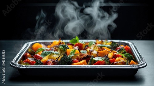 A tray of food with a lot of vegetables and a lot of steam coming off it