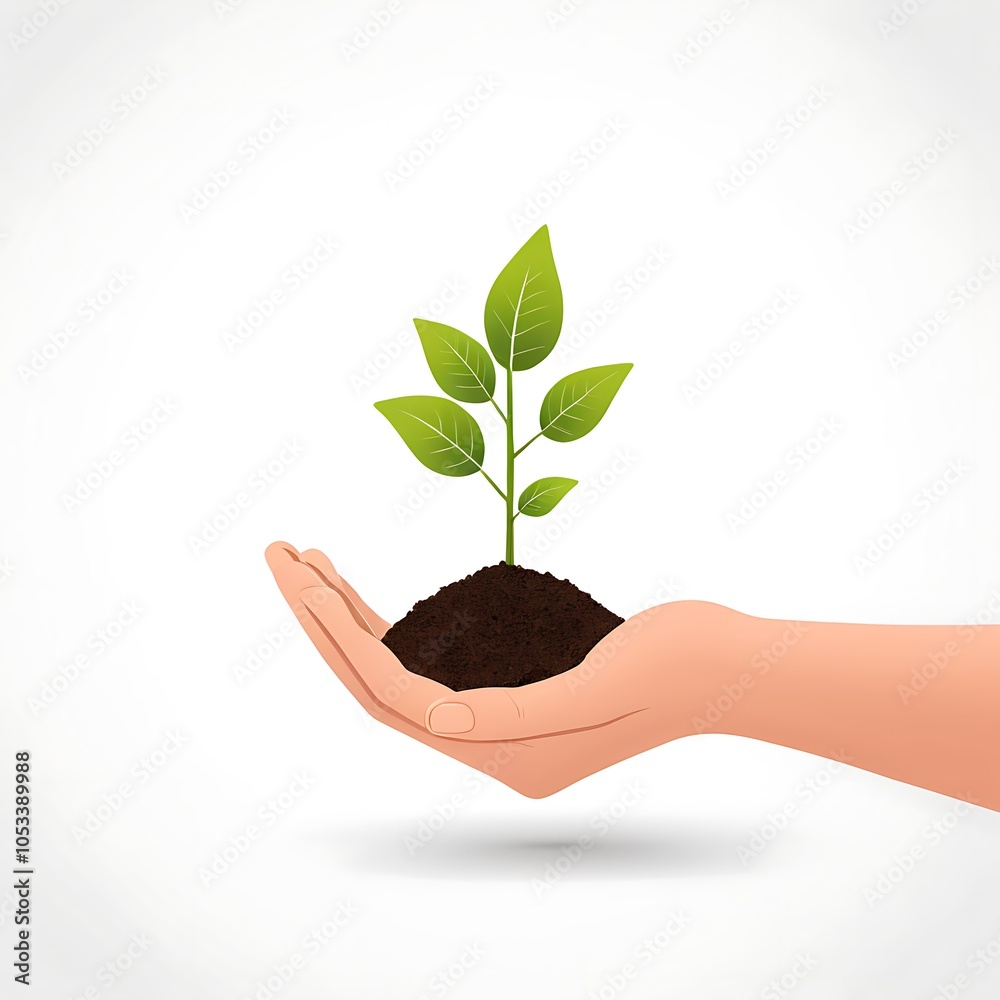 A hand holding gently cradles a young plant with vibrant green leaves vector illustration A hand holding gently cradles a young plant with vibrant green leaves vector illustration