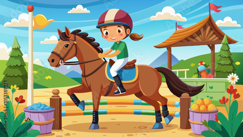 A child riding on horse at the equestrian club, Kids sports activities.