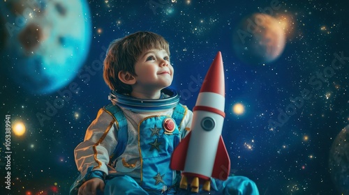 A young boy dressed as an astronaut, playing with a toy rocket and imagining a space mission, surrounded by stars and planets