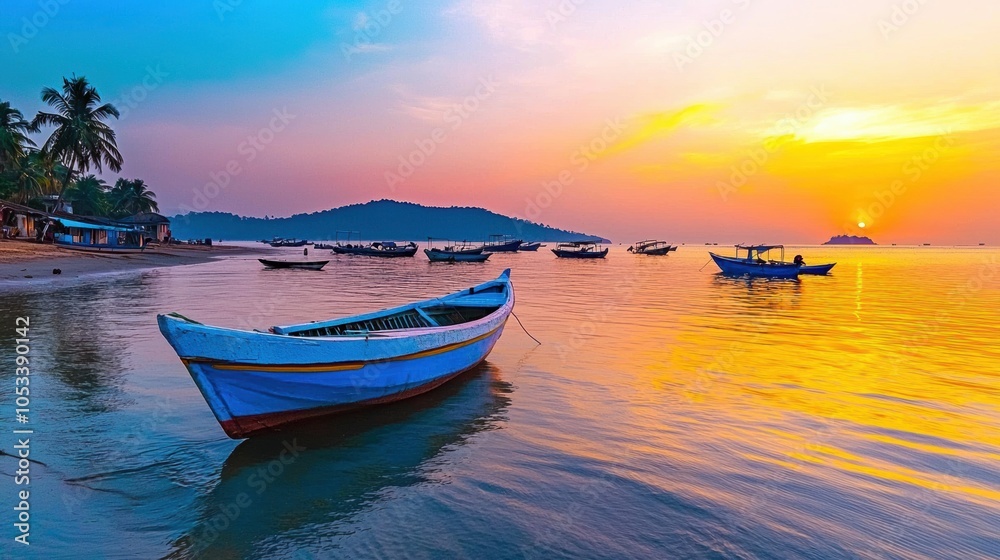 Serene Sunset Over Calm Waters with Fishing Boats Serene Sunset Over Calm Waters with Fishing Boats