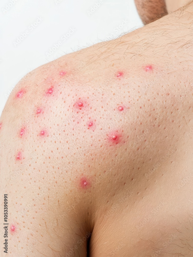 Fototapeta premium Close-up of a shoulder with skin irritation and red spots on a white background.