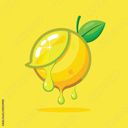 A juicy lemon with a slice cut off, dripping with fresh juice.  Perfect for a refreshing summer drink!