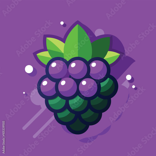 A vibrant illustration of a blackberry with a green leaf on a purple background.