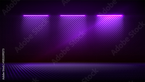 Studio interior with carbon fiber texture. Modern carbon fiber textured pink purple black interior with light. Background for mounting, product placement. Vector mockup, background, template