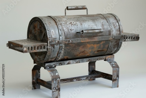 Weathered steel barbecue grill is showing its age with rust and wear photo