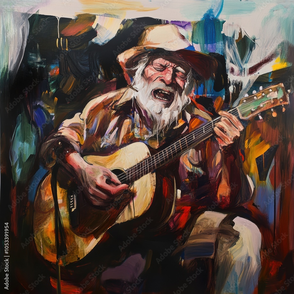 Vibrant Portrait of a Singing Guitarist: An expressive musician in a colorful setting, ideal for music and art-related projects. Vibrant Portrait of a Singing Guitarist: An expressive musician in a colorful setting, ideal for music and art-related projects.