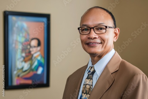 Portrait of a Belizean Man in Professional Attire with Colorful Artwork Background, Ideal for Cultural and Business Contexts photo