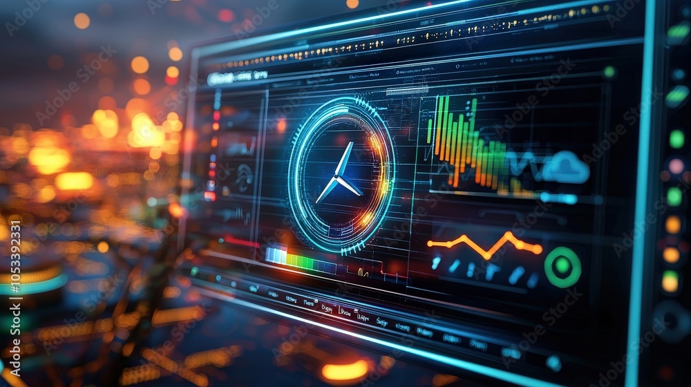 Obraz premium A computer monitor displays a clock and a series of graphs
