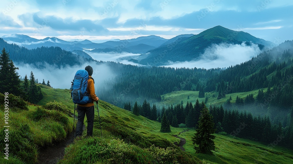 Fototapeta premium A man is hiking in the mountains with a backpack on