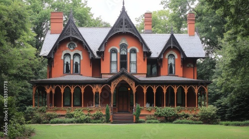 Gothic revival house with pointed arches.