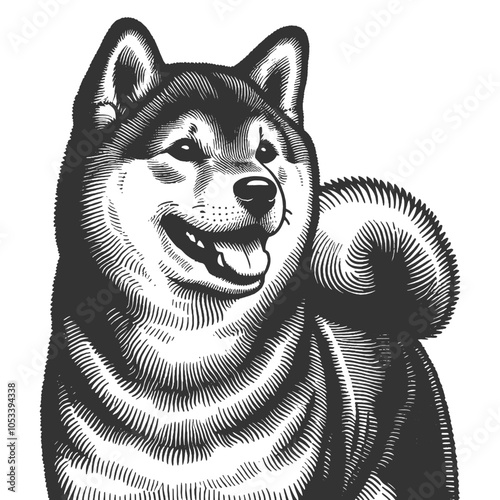 smiling Shiba Inu dog with curled tail, breed cheerful and friendly personality in a vintage style sketch engraving generative ai vector illustration. Scratch board imitation. Black and white image.