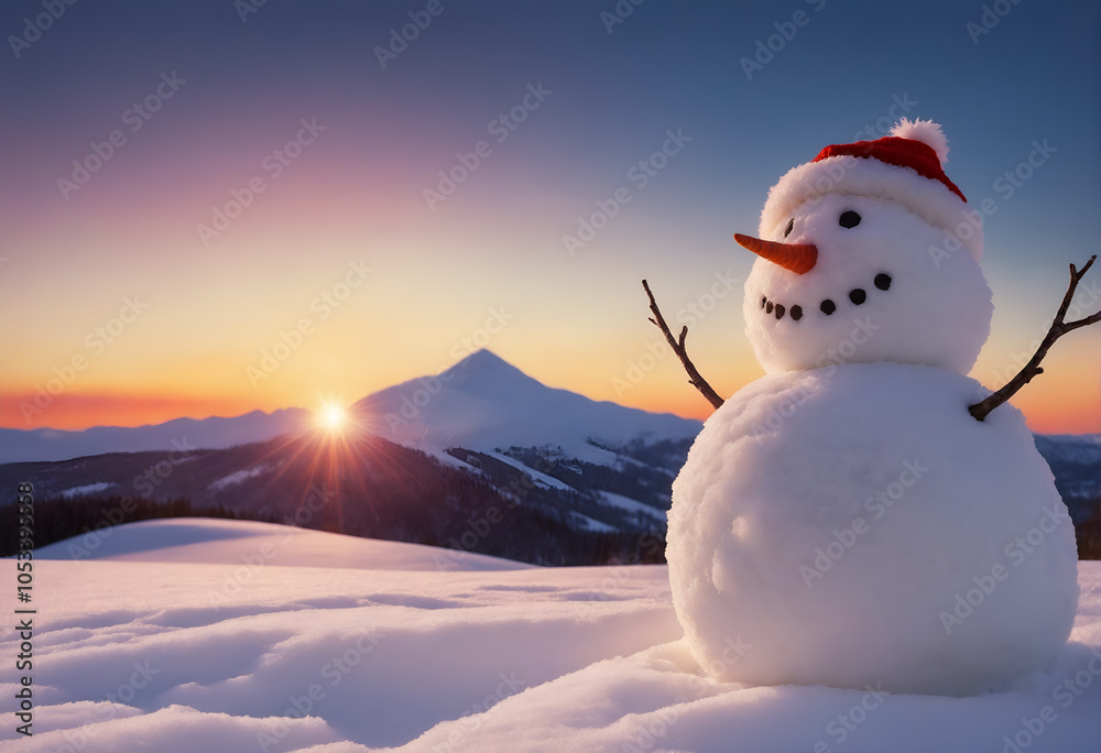 Obraz premium Funny snowman in winter mountain scenery. Merry christmas and happy new year.