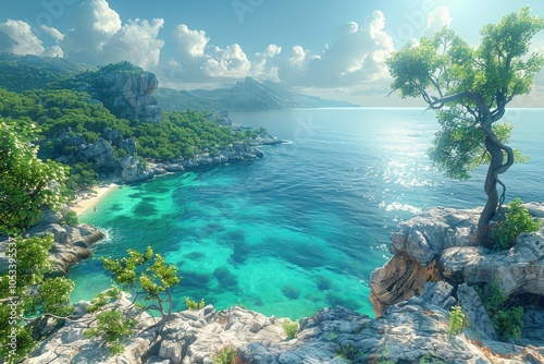 bird eye view coastline rugged cliffs crashing waves sandy beaches