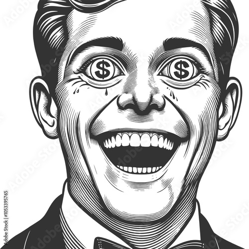man with excited expression and dollar signs in his eyes, symbolizing greed or financial ambition sketch engraving generative ai vector illustration. Scratch board imitation. Black and white image.