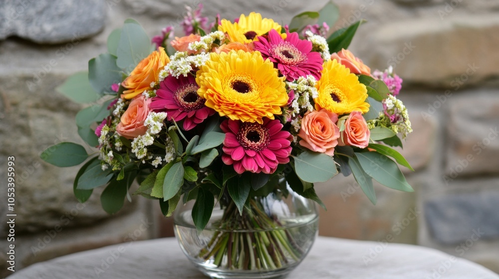 Fototapeta premium A beautiful bouquet of fresh flowers in a glass vase. 