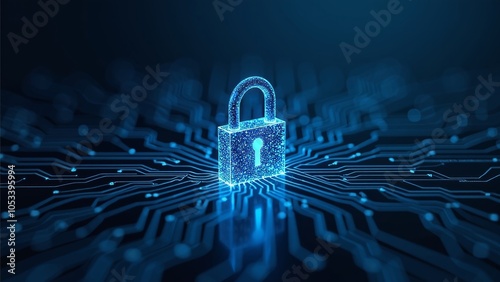 Digital Security Concept with Glowing Padlock and Circuit Patterns