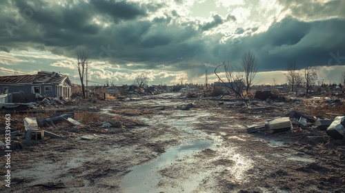 A photograph of a barren landscape after a tornado, with nothing but wreckage and devastati photo