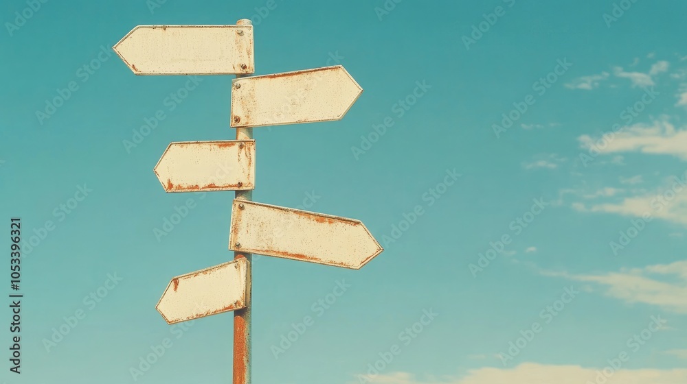 Blank directional road signs against a blue sky. Blank directional road signs against a blue sky.
