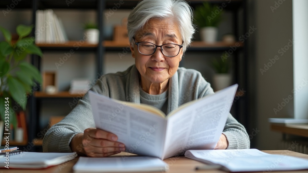 Elderly Woman Enjoys Reviewing GDPR Guidebook in Cozy Setting Elderly Woman Enjoys Reviewing GDPR Guidebook in Cozy Setting