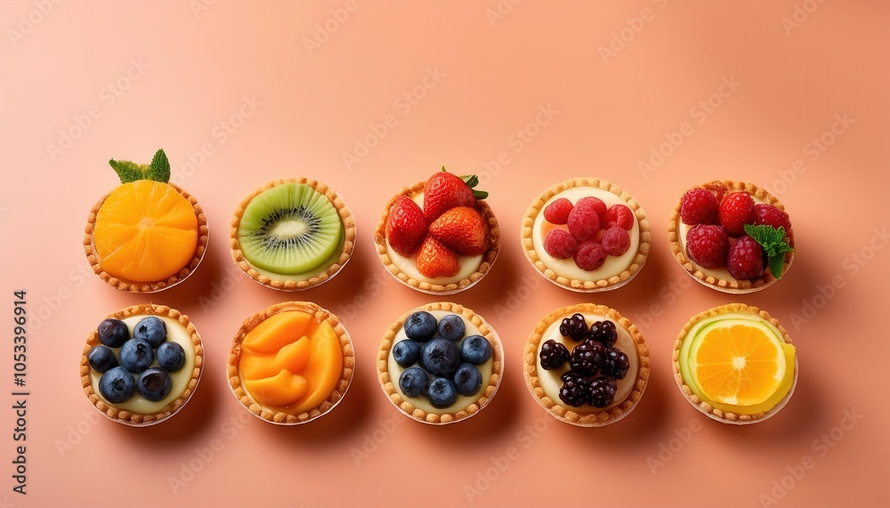 Vibrant Assorted Mini Fruit Tarts with Fresh Kiwi, Strawberry, Blueberry, Blackberry, Orange, and Peach Slices. Perfect for Dessert Displays, Bakery Advertisements, and Healthy Gourmet Food Concepts Vibrant Assorted Mini Fruit Tarts with Fresh Kiwi, Strawberry, Blueberry, Blackberry, Orange, and Peach Slices. Perfect for Dessert Displays, Bakery Advertisements, and Healthy Gourmet Food Concepts