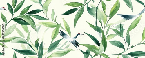 Elegant Chinese watercolor pattern showcasing bamboo leaves and graceful cranes in harmonious motion.