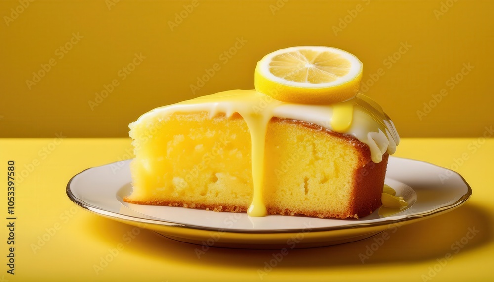 Close-Up of Moist Lemon Drizzle Cake Slice with Icing Drips and Lemon Slice on Yellow Background. Ideal for Summer Desserts, Bakery Ads, and Fresh, Tangy Citrus Recipe Concepts Close-Up of Moist Lemon Drizzle Cake Slice with Icing Drips and Lemon Slice on Yellow Background. Ideal for Summer Desserts, Bakery Ads, and Fresh, Tangy Citrus Recipe Concepts