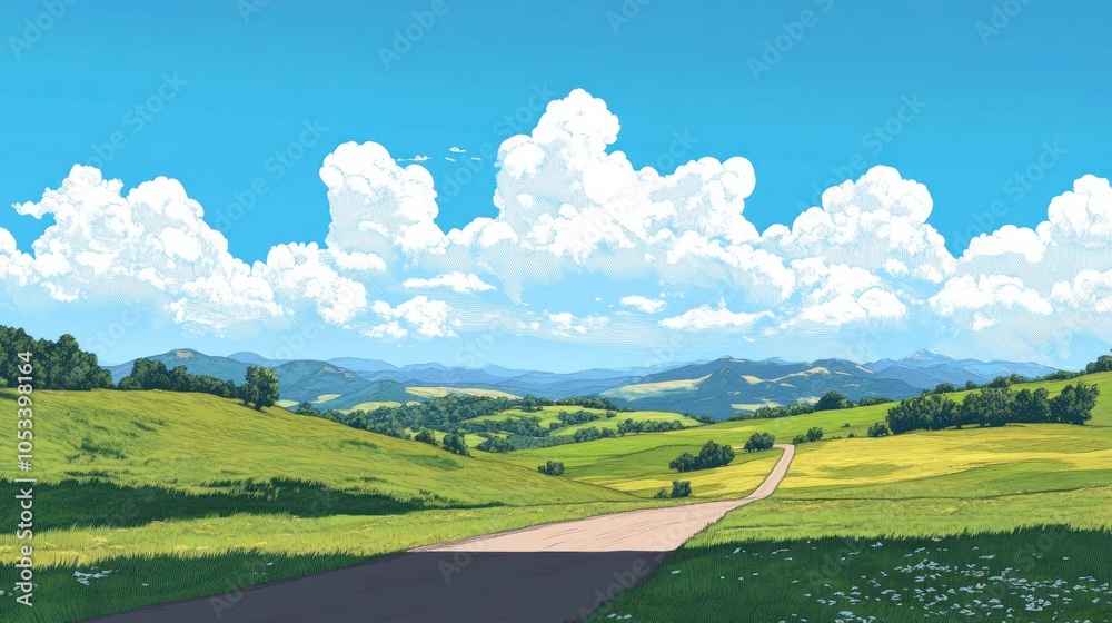 Fototapeta premium Flat illustration of a road cutting through hills and open fields.