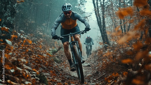 Man mountain biking on a challenging trail, 4K hyperrealistic photo Couple enjo photo