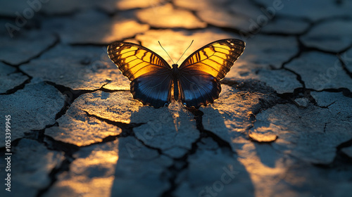 A shadow of a butterfly cast on cracked ground
 photo