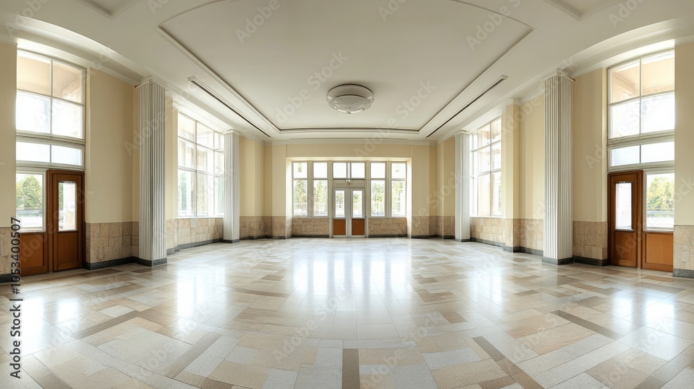 Obraz premium Spacious hall featuring tall windows, columns, and doors.