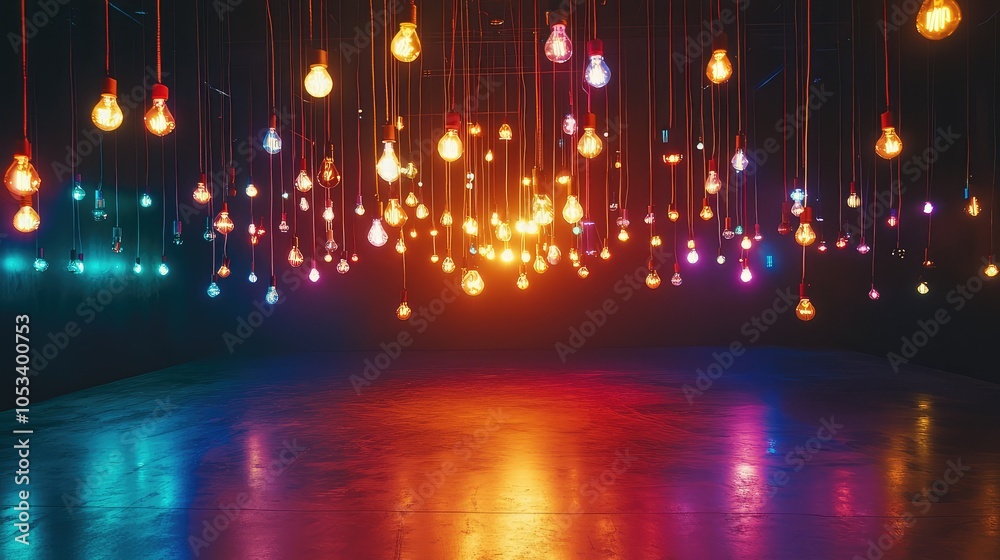 Obraz premium Vibrant Abstract Light Installation with Hanging Bulbs