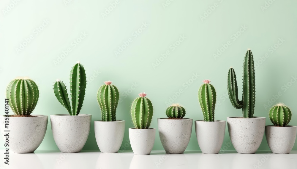 A collection of cacti in white pots arranged in a row against a green wall A collection of cacti in white pots arranged in a row against a green wall