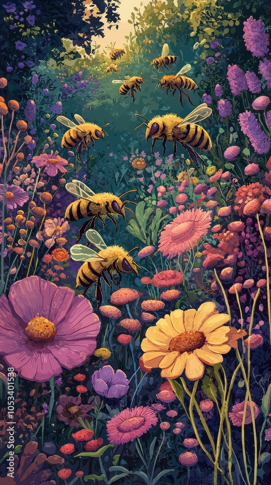 custom made wallpaper toronto digitalWhimsical Illustration of Bees in Vibrant Garden Scene