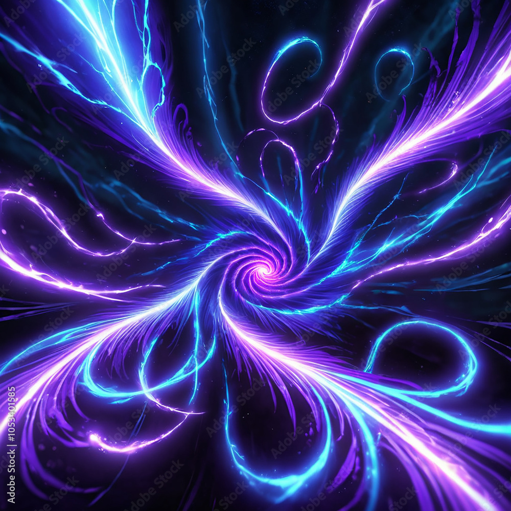 Obraz premium A digital abstract art piece with glowing, swirling blue and purple energy lines emanating from a central core. It features a black background and a spiral effect in the center.