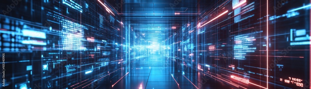 A futuristic digital tunnel with glowing data streams and abstract technology elements. A futuristic digital tunnel with glowing data streams and abstract technology elements.