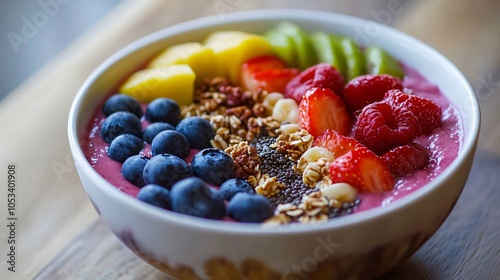 Colorful Smoothie Bowl with Fruit and Granola