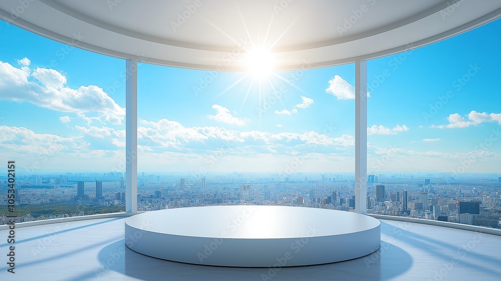 Fototapeta premium White platform overlooking a panoramic city view with a bright, clear sky.